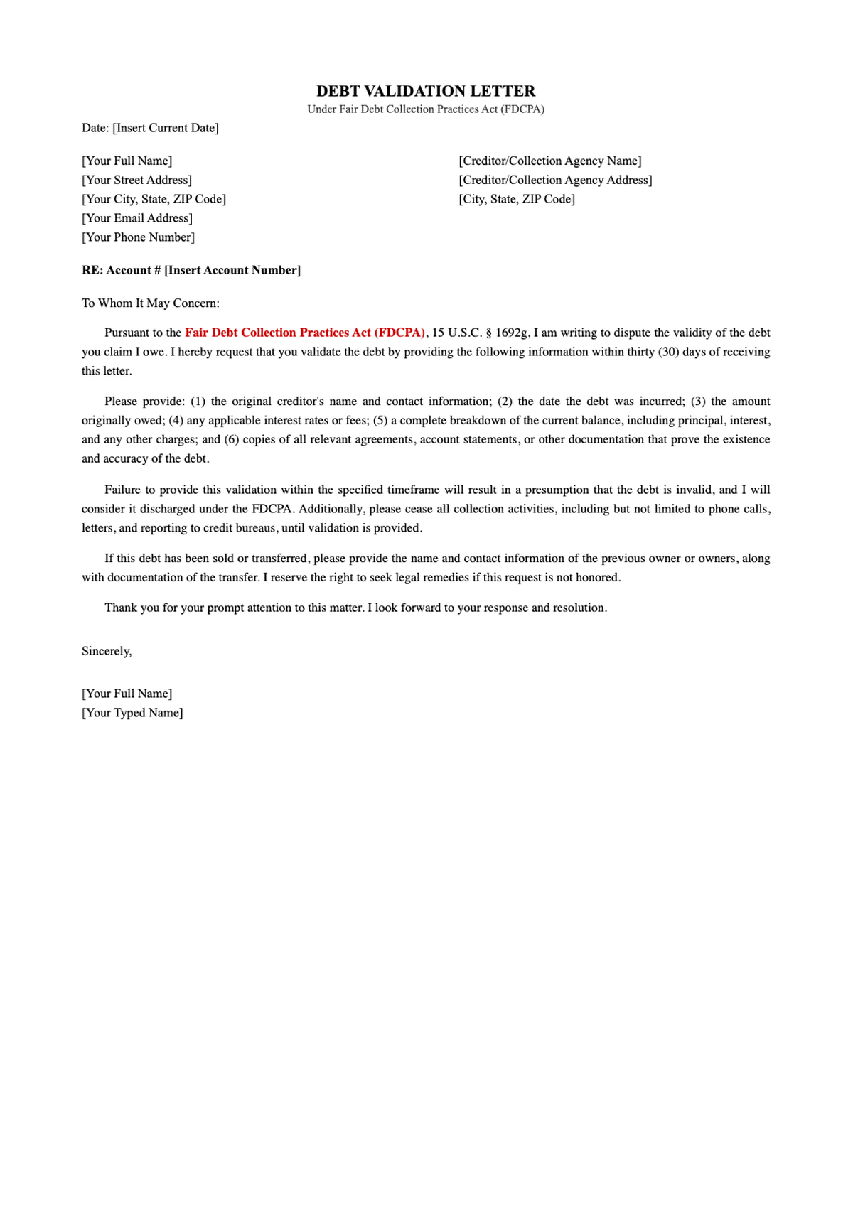 10 free debt verification letters sample template with FDCPA notice_variant_1